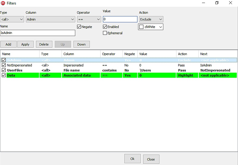 Filter definition window