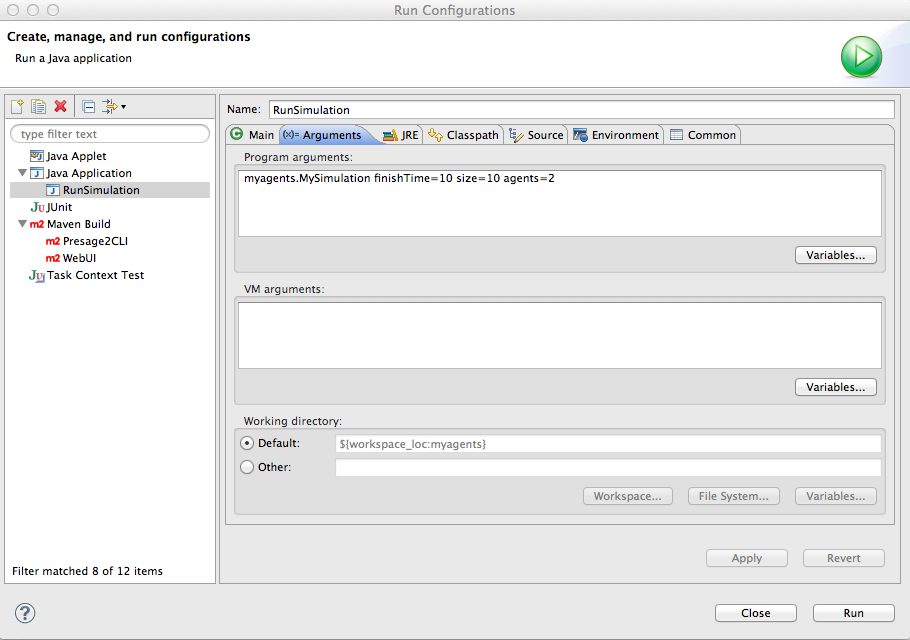 Eclipse run configurations parameters