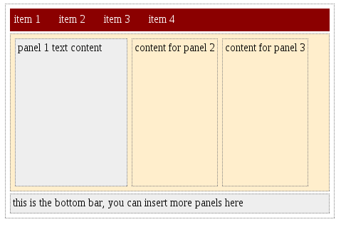 3 panel layout with top and bottom bar